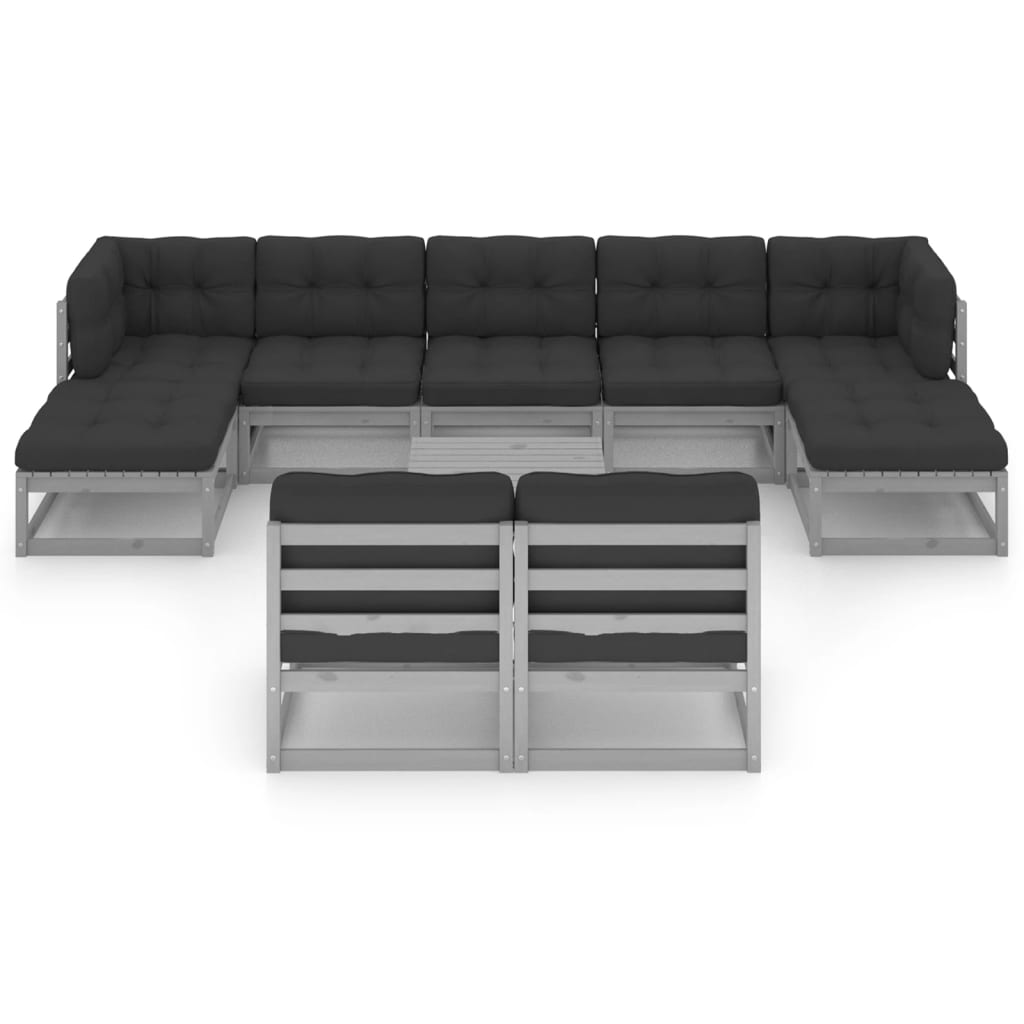 10-tlg. Garten-Lounge-Set mit Kissen Grau Kiefer Massivholz